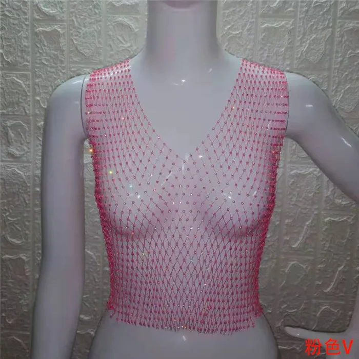 Pink V-neck FestivalQueen Сексуальная Бриллиантовая сетка обрезанная майка женская летняя накидка бикини Прозрачная сетка со стразами вечерние клубный кроп-топ - Цвет: Pink V-neck
