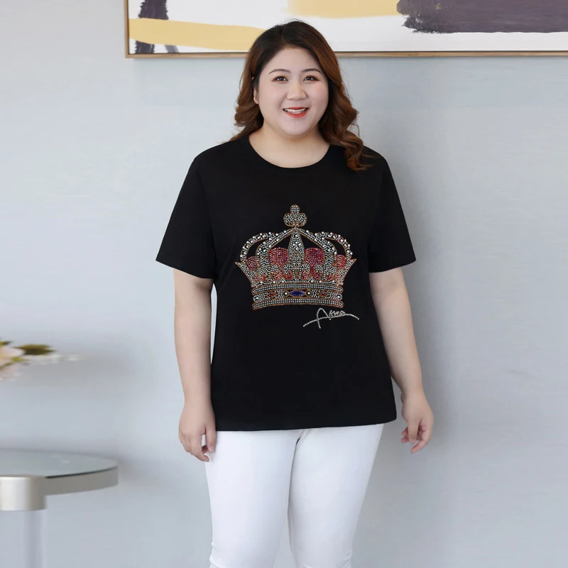 

Летняя уличная футболка с короткими рукавами для отдыха женская 2021 новая корона с горячими бриллиантами свободные большие размеры 5XL черны...