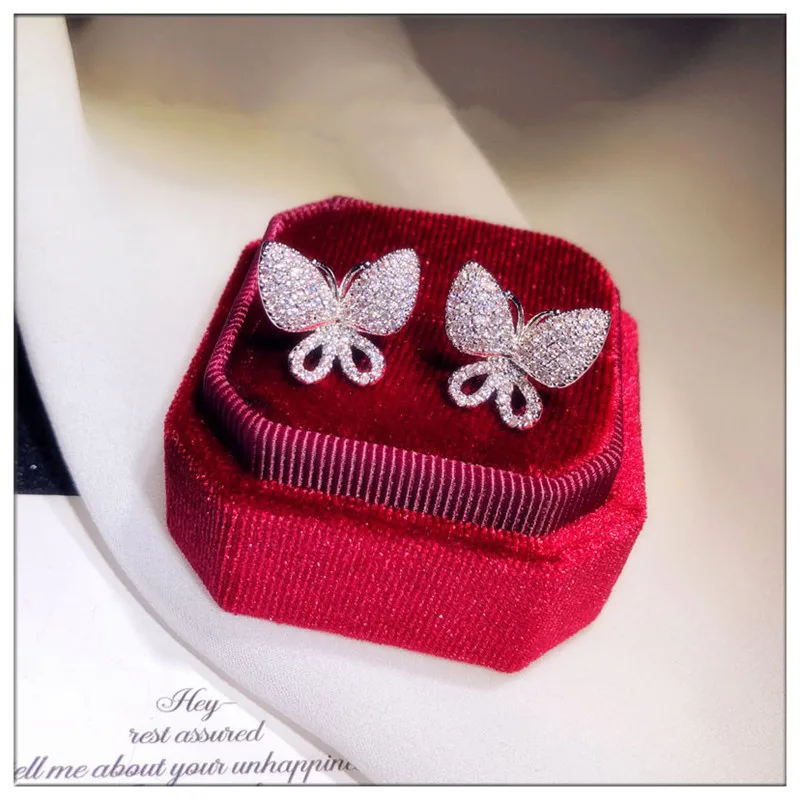 S925 Sterling Silver Needles Fine Jewelry Stud Earrings For Women Butterfly Cubic Zirconia Elegant Temperament Fine Jewelry