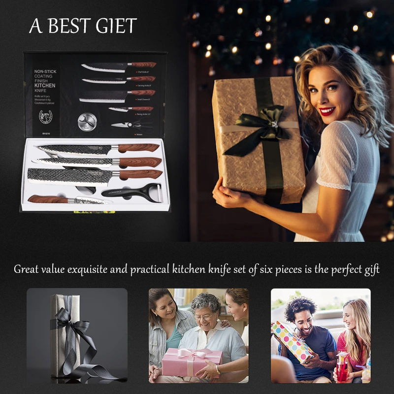 Kitchen Knife Set Stainless Steel 6 Pcs Forged Chef Knife Scissors Ceramic Peeler Carving Paring Knife Cleaver Knives Gift Case