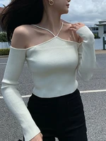 harteen 2021 off shoulder tops women sweater knitted sweaters long sleeve vintage chandails white pull femme autumn mujer sexy