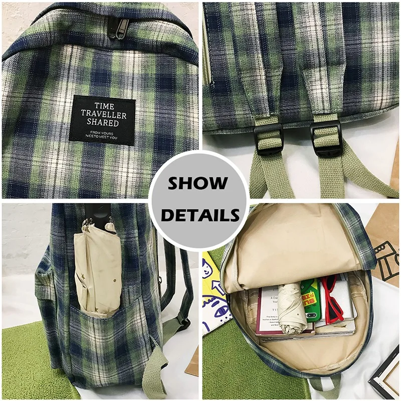 

Women'S Backpack Plaid Pattern Canvas School Bag Casual New Simple Women Backpack Rucksack Travel Bagpacks Fashion Girl Rucksack