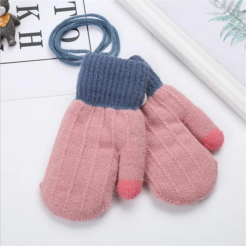

Children's Winter Gloves Kids Thicken Velvet Warm Knitted Striped Mittens Outdoor Rope Hanging Neck Full Finger Glove 0-3T