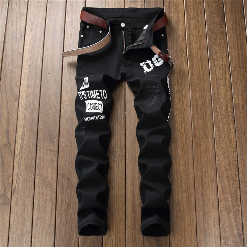 

CNUUIKOOEK Men's New Style Digital Printing Slim Fit Black Jeans Fashion Elasticity Casual Trousers