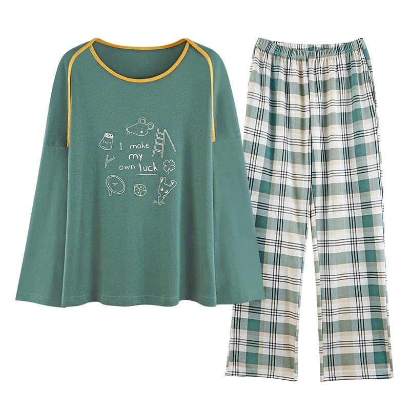 

Green Pijamas Round Neck Femme Pyjamas Women Cotton Pajamas Set Cartoon Sleepwear Full Length Spring Night Suit Homewear