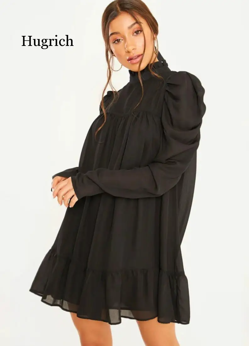 

Женское шифоновое платье-трапеция, однотонное элегантное платье-водолазка с рукавами-фонариками и оборками, осень 2021