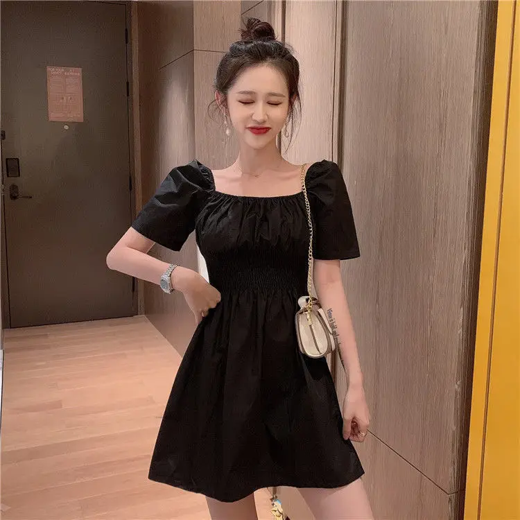 

Summer new style square neck waist skirt short sleeve thin A-line dress