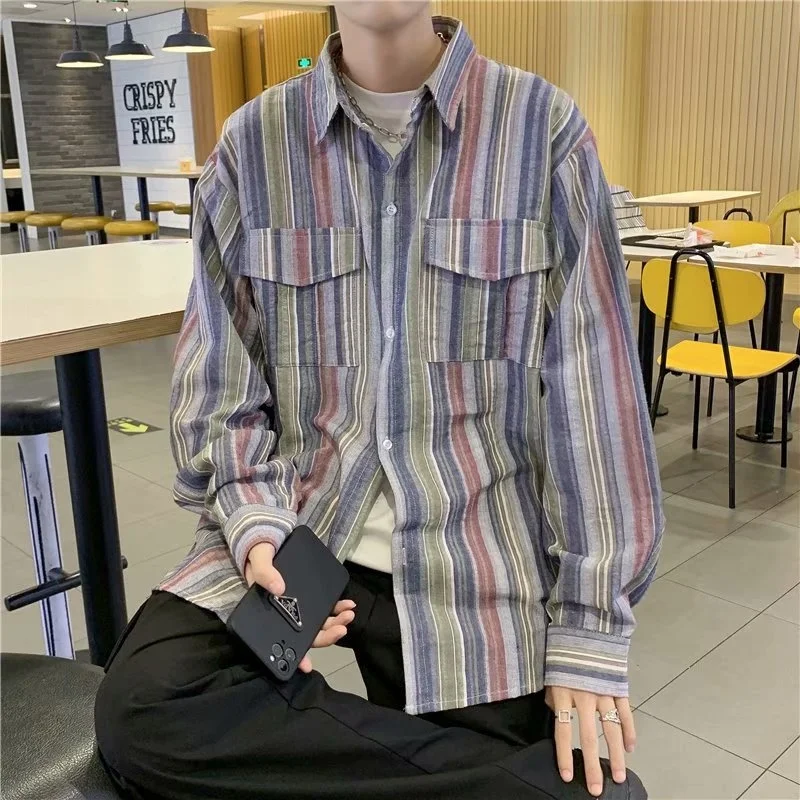 

Autumn Striped Shirt Men Fashion Retro Casual Shirt Men Streetwear Korean Loose Long-sleeved Shirts Mens Pocket Shirt M-2XL