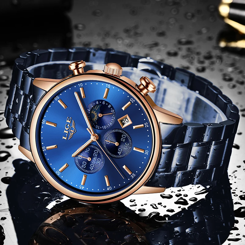 LIGE модные синие мужские часы лучший бренд Роскошные полностью стальной сетчатый