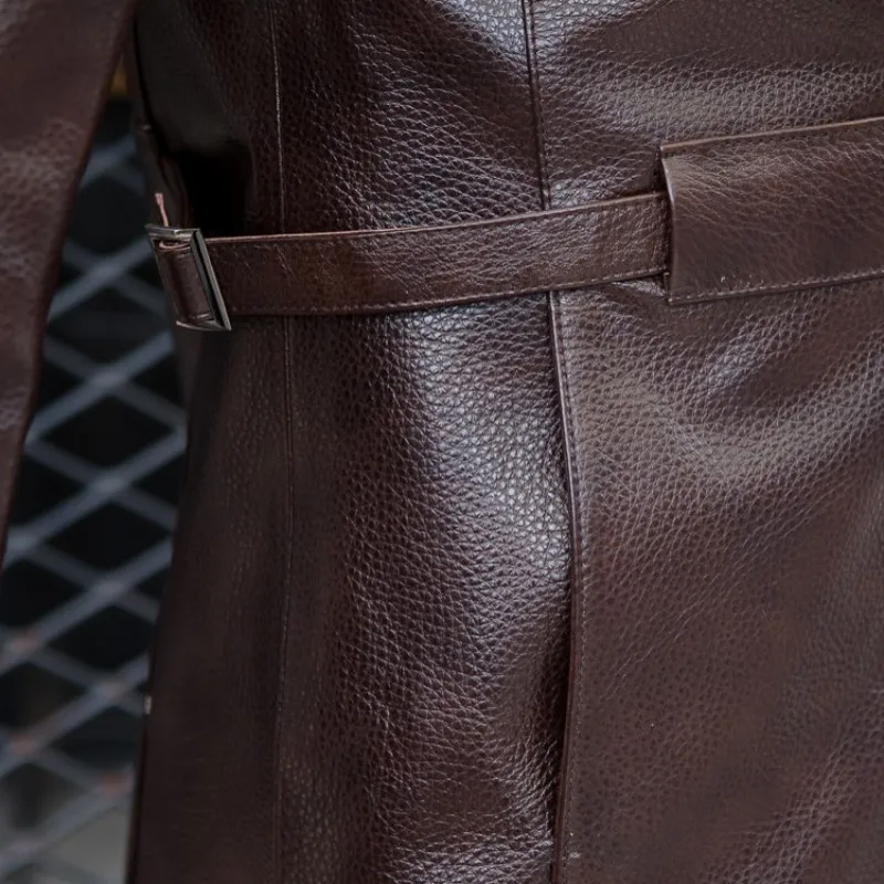 

Mens New Winter Cow Leather Mid Long Jacket Slim Fit Business Man Single Breasted Genuine Leather Jacket Suit Wind Coat 4XL