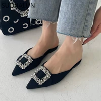 suojialun 2022 spring women pointed toe slipper fashion crystal buckle slip on mules shoes ladies casual flat heel outdoor slide