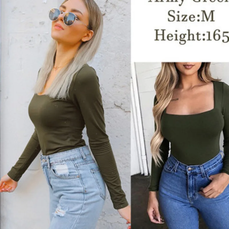 

Sexy Woman Bodysuit Bodycon Bodysuit Long Sleeve Square Neck Sheath Open Crotch Basic White Black Red Overalls Women Body Top