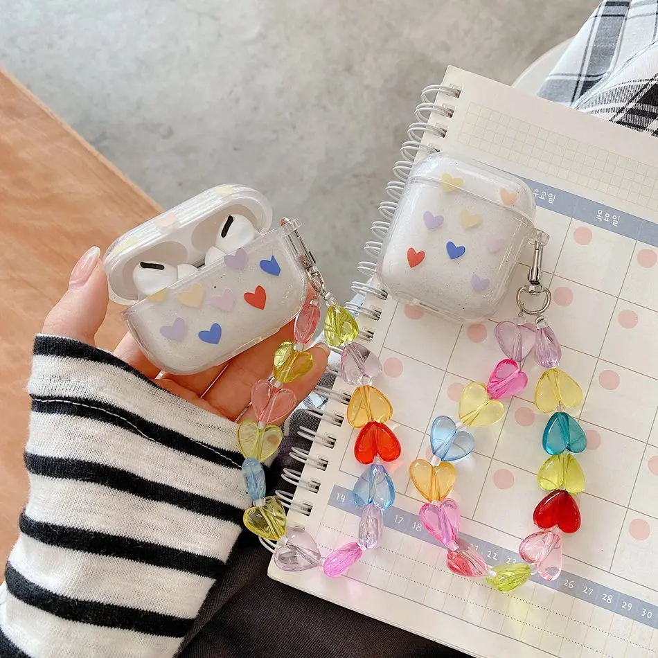 

For AirPods Case Fashion Korean Love Heart Glitter Soft Earphone Case For AirPods 2 3 AirPods Pro Earphones Cover with Lanyard
