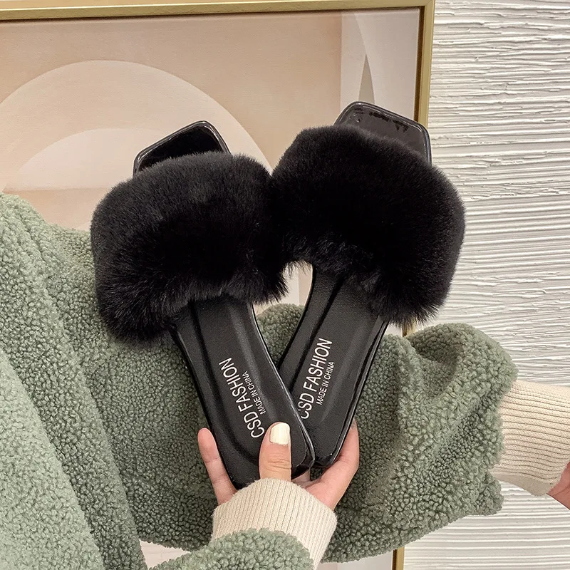 

Slippers Casual Summer Women's Shoes Slides Low Pantofle Flock Fur Flip Flops Luxury Rubber 2021 Plush Basic PU Fashion Rome Hoo