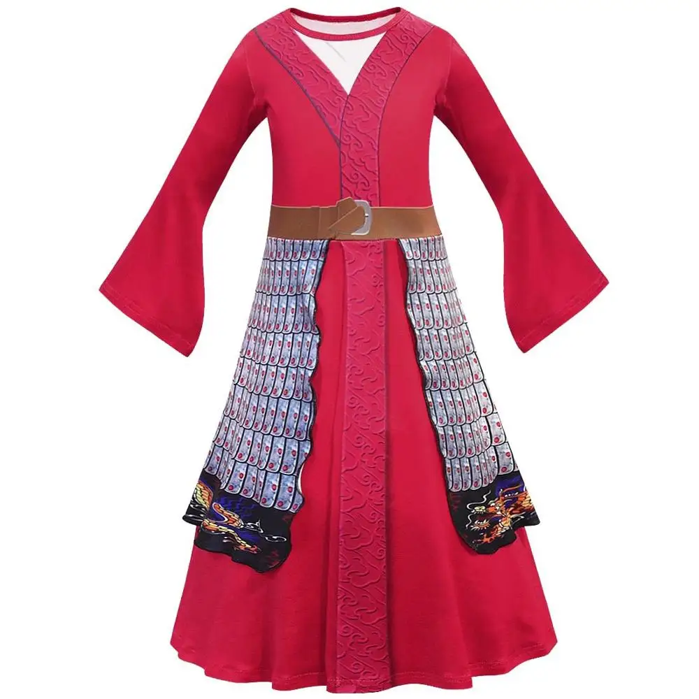 Vestido Mulan para niñas, disfraces de princesa para Halloween, peluca Mulan, vestido tradicional chino, vestido rojo, espada Hua Mulan-1