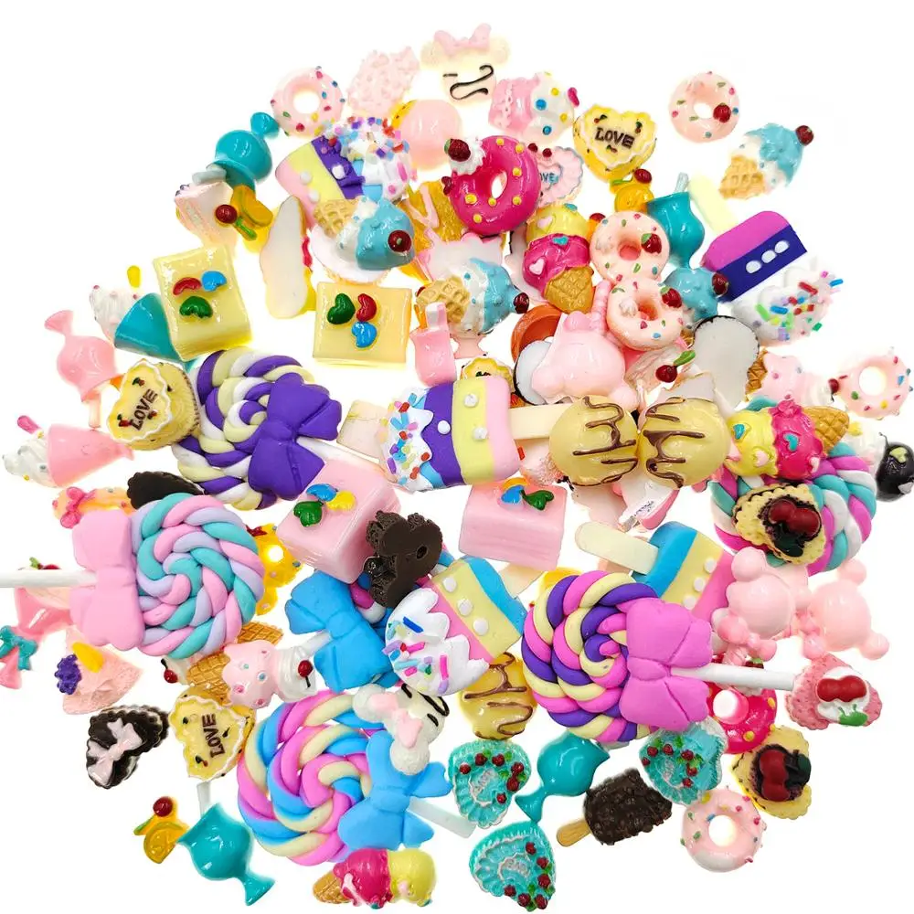 

50pcs/lot DIY flat back resin mix cake lollipop icecream donuts resin foods cabochons accessories