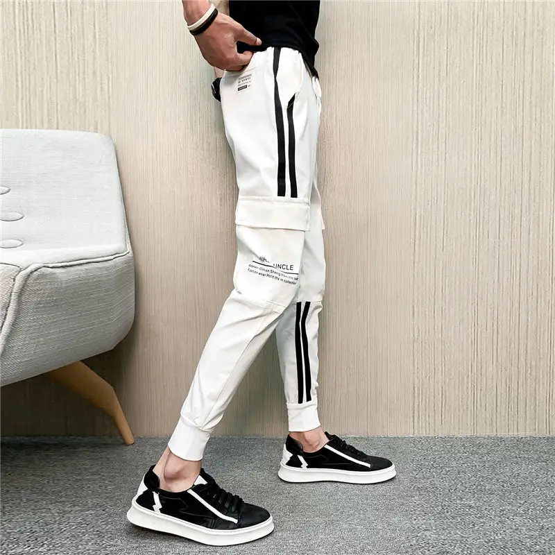 

Men`s Street Style Harem Pants Elastic Wasit Drawstring Patchwork Cuffed Cargo Multi Pockets Joggers Side Striped For Male
