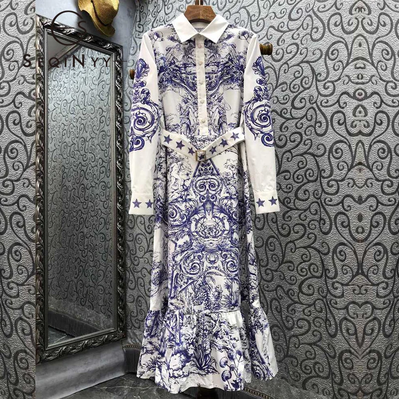 

SEQINYY Shirt Midi Dress Summer Spring New Fashion Design Women Runway High Street Blue Vintage Flowers Print A-Line Belt
