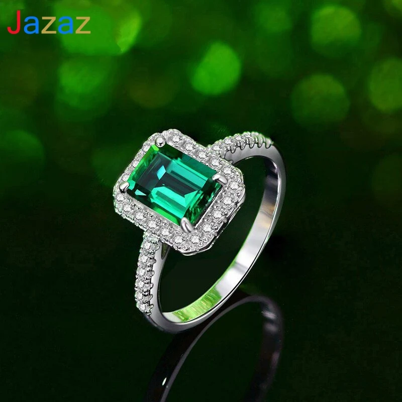 

Jazaz 100% 925 Sterling Silver Real Emerald Wedding Rings For Women Sparking Engagement Party Bride Fine Jewelry Wholesale B0855