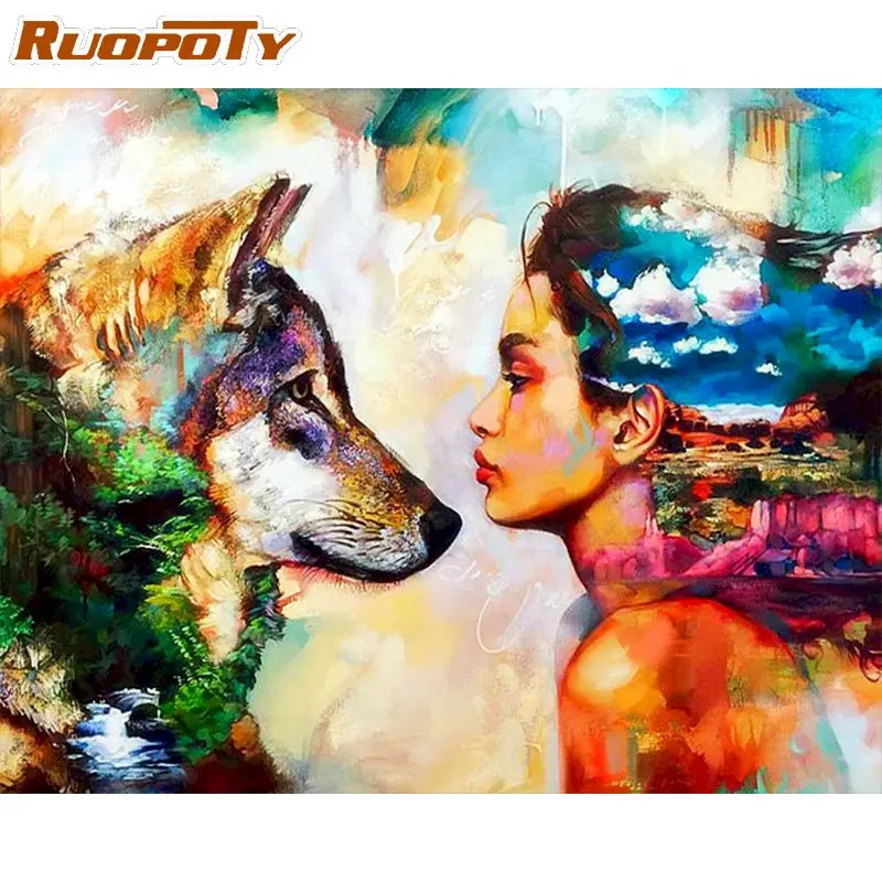 

RUOPOTY Painting By Numbers For Adults Wolf And Beauty Landscape Oil Paints Kits Diy Framed HandPainted Home Wall Decor Artcraft