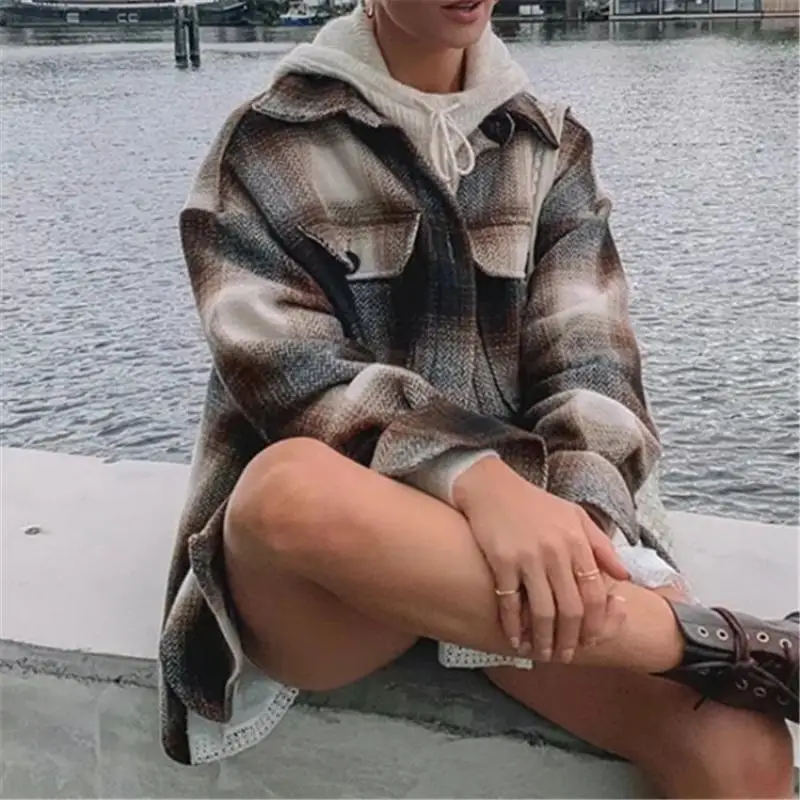 

Women Plaid Jackets Coat 2020 Vintage Fashion Oversized Jackets Long Sleeve Lapel Collar Woolen Jacket Chic Coat Streetwear