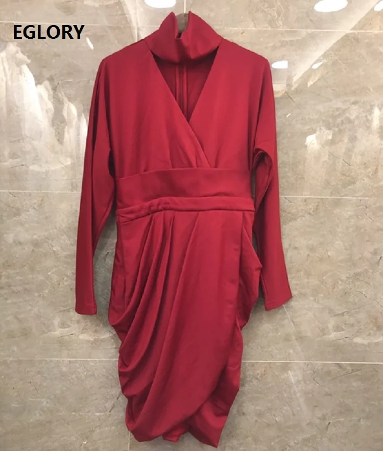 

Turtleneck Dress 2020 Spring Autumn Women Hollow Out Sexy Long Sleeve Knee-Length Casual Wine Red Coffee Pleated Dress Cotton