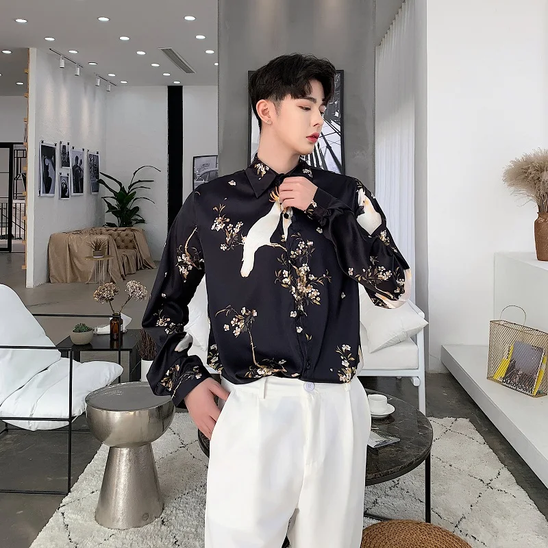 

Men Shirt Long Sleeve Loose Casual Streetwear Hip Hop Print Shirt Male Party Dress Shirt Stage Show Costumes