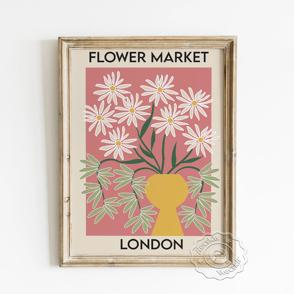 

Flower Market London Collection Poster, Florist Gift Canvas Painting, Abstract Pink Daisy Vase Wall Stickers, Modern Home Decor