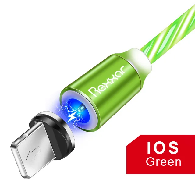 For iphone Green Rexxar Магнитный кабель type C Micro USB светодиодный магнитный usb-кабель для зарядки для Apple IPhone X 7 8 6 Xs Max XR samsung s9 Xiaomi шнур - Цвет: For iphone Green