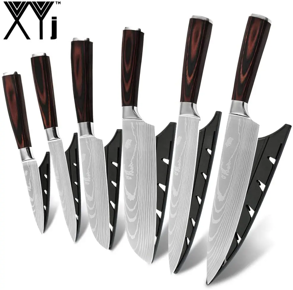 

XYJ Japanese Kitchen Knives Set Laser Damascus Pattern Chef Knife Cleaver Slicing Utility Santoku Knives Tool For Meat Vegetable