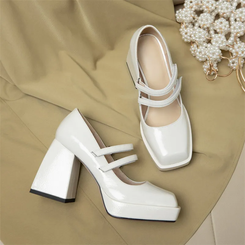 

Meotina Real Leather Mary Janes Shoes Extreme High Heels Platform Block Heel Pumps Lady Square Toe Footwear White Black Size 40
