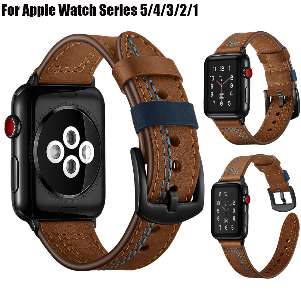 Ремешок из натуральной кожи для Apple Watch Series 5 4 3 2 1 сменный Браслет iWatch 44 мм 40 42 38