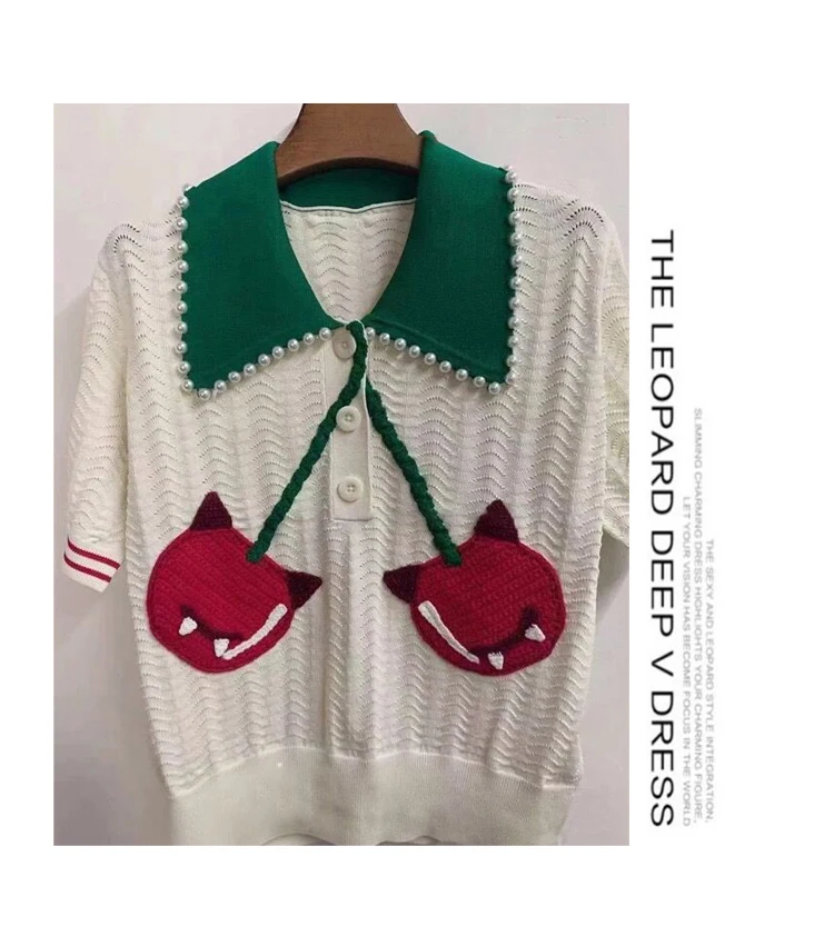 

Green Lapel Red Cherry Sweater Women Short Sleeve Slimming Pullovers Top Summer Beading Loose Top Knitted T-shirt