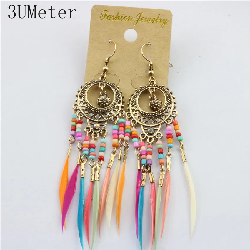 Женские богемные серьги с перьями 3 метра 2019 овальные разноцветные рисовые
