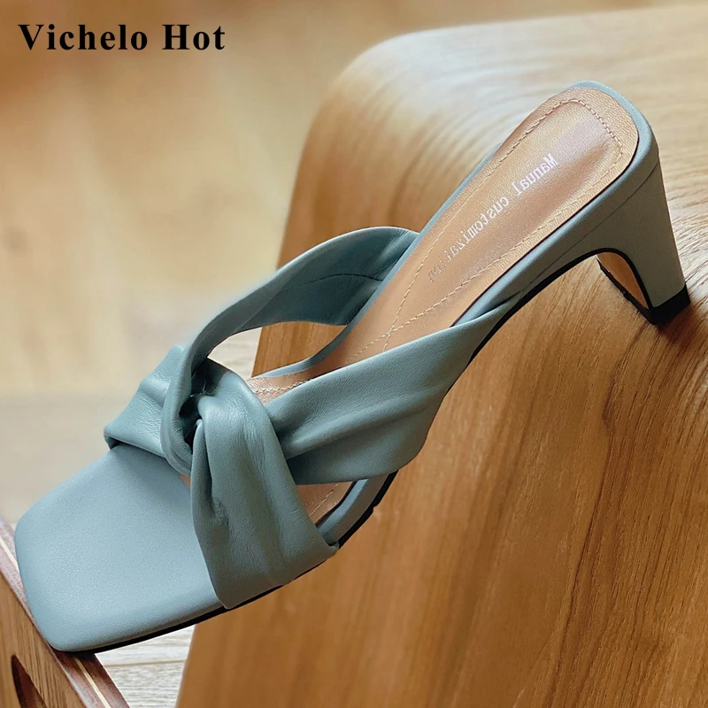 

Vichelo Hot full grain leather peep toe high heels brand shoes European design beauty lady streetwear slip on sandals women L02