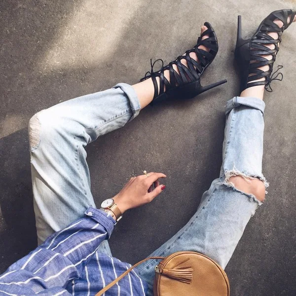 

Pure black sexy multi strap fashion strap High Heel Sandals