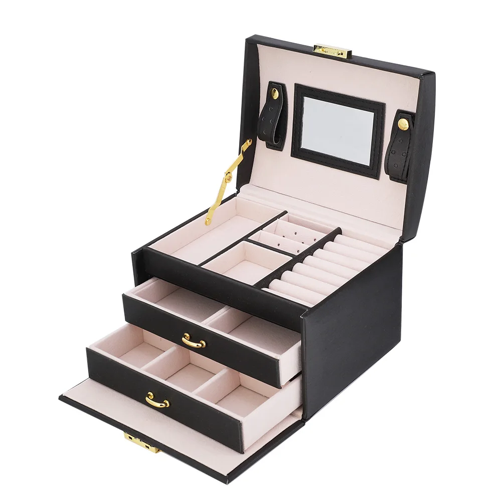 

3 Tiers Large Capacity PU Leather Jewelry Storage Case Earring Ring Display Jewelry Box Holder Organizer with Mirror