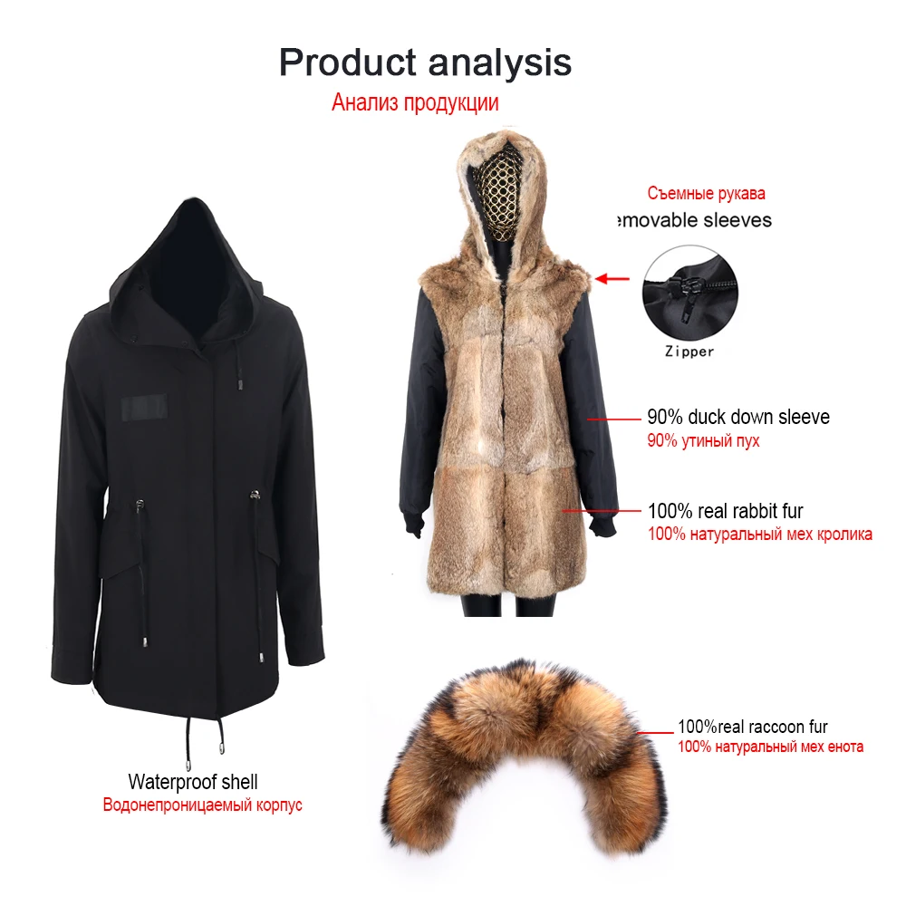 2022 Real Fur Coat Women Winter Jacket Real Rabbit Fur Liner Long Parka Waterproof Natural Fox Fur Collar Hood Thick Warm