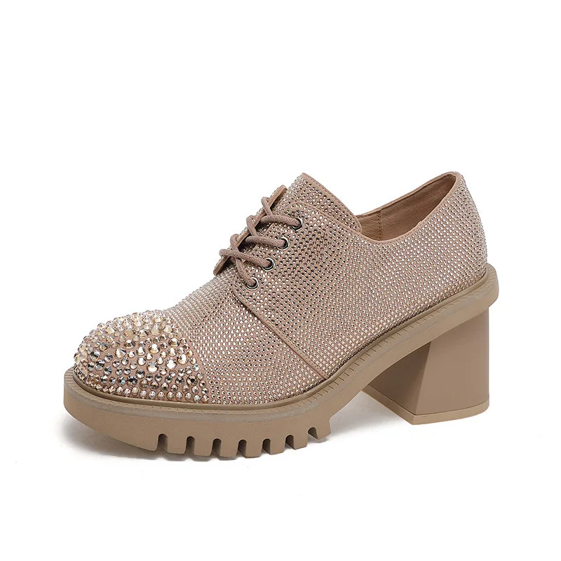 

Autumn New Style Thick Heel High Heel 8cm Fashion French Casual Square Root Single Shoes Lace-up Rhinestone Women's Shoes Heels
