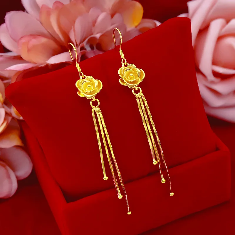 

KOREA FASHION WOMEN EARRING 24K GOLD DROP EARRINGS WITH LONG TASSEL EAR CLIP YELLOW GOLD ROSE FLOWERS EARRINGS FEMALE BIRTHDAY