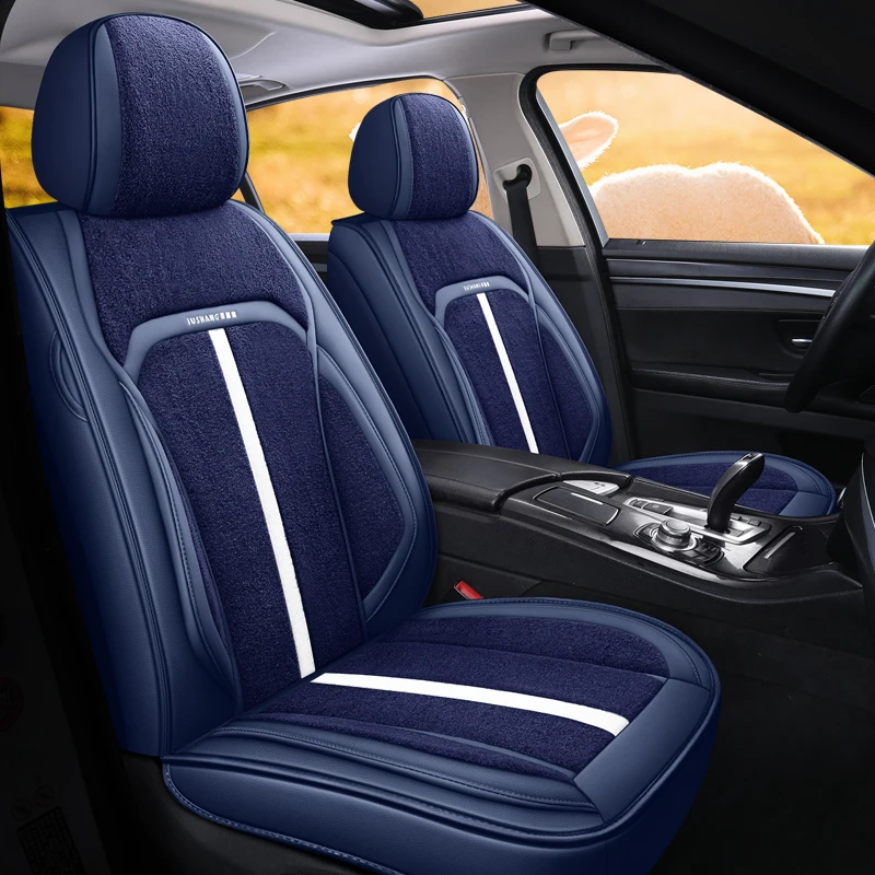 

Motocovers Car Seat Covers For Sedan SUV Leather Plush 5 Pieces Full Set For Front and Rear Seats Fur Cushion Mats Women Blue 03