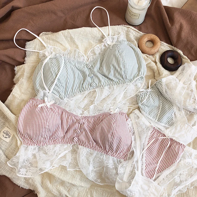 

Striped transparent lace tube top bra and panties set no steel ring comfortable thin strap underwear wirefree cotton lingerie