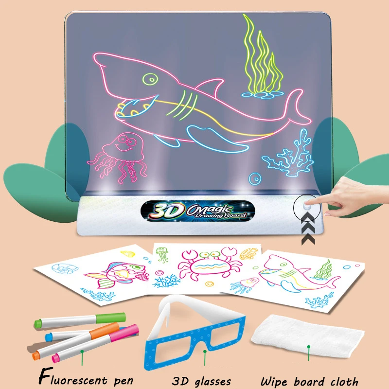 

Luminous Tablet Magic Drawing Board with 3D Glasses Pen Lamp Graffiti Creative Writing Painting Light Up Craft Kids LED Toy Dino