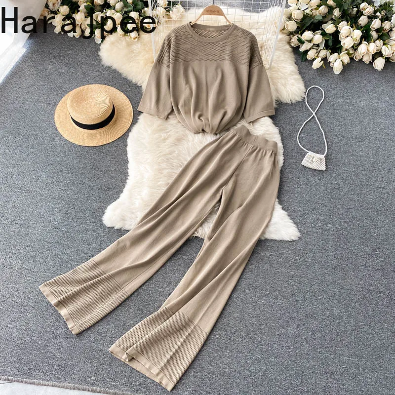 

Harajpee Two-piece Sets Home Clothing Suit Women's Autumn Hollow Out Retro Long Sleeve Top High Waist Wide Leg Pants Leisure