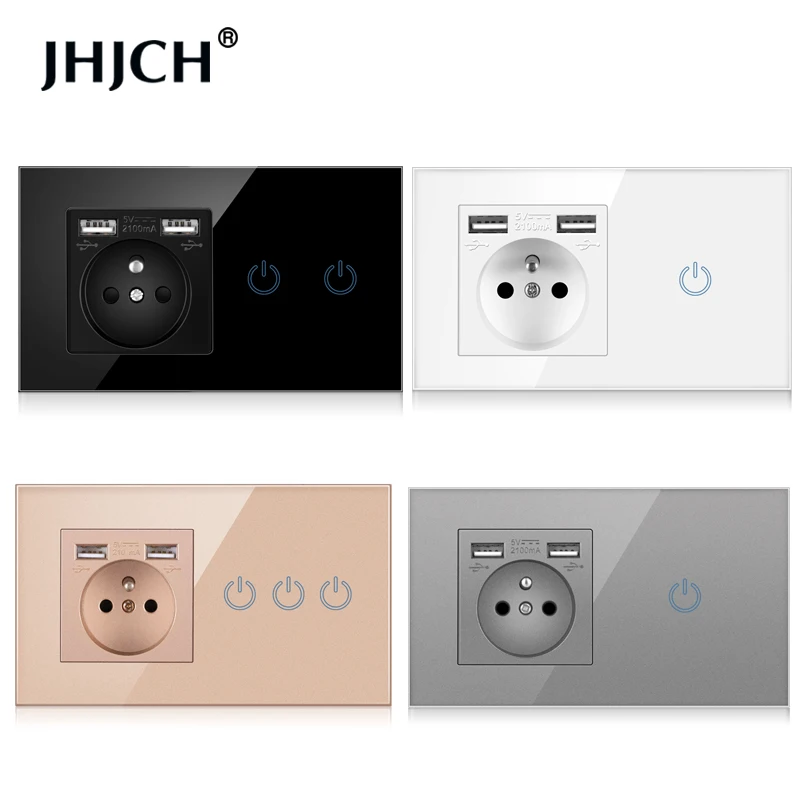 JHJCH сенсорный переключатель с розеткой с Usb стеклянной панелью 146*86 мм 220 В 16 А настенная розетка с выключателем света 1/2/3 клавиши 1 Ван