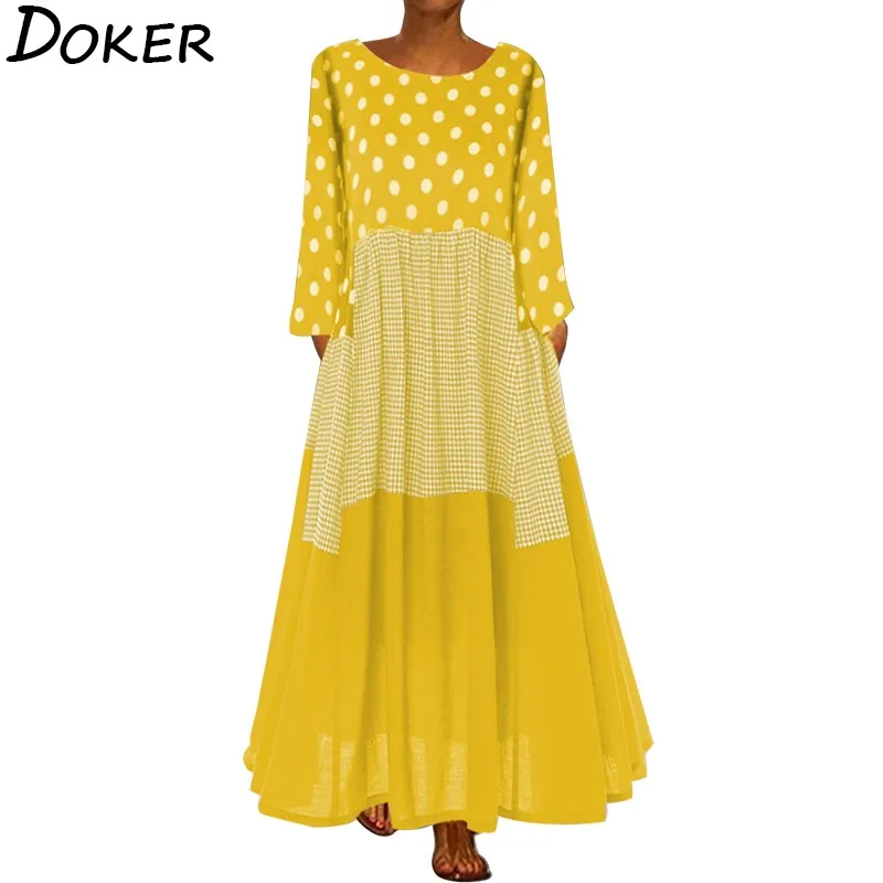 Осеннее длинное платье в горошек для женщин с круглым вырезом и длинным рукавом