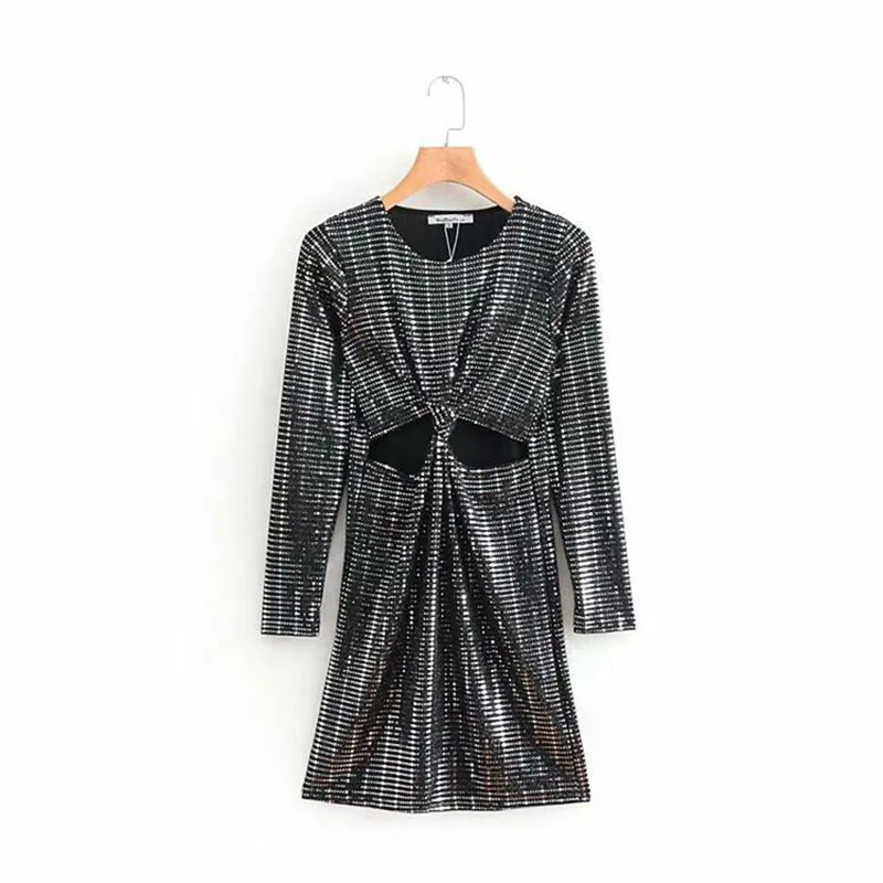 Блестящее женское платье сексуальное с крестиком длинным рукавом облегающее