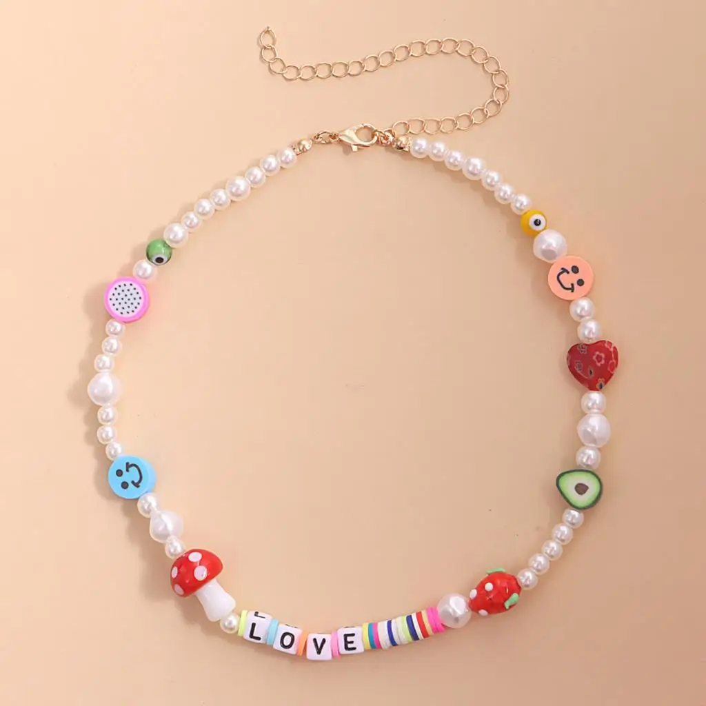 

Multicolor Fruit Mushroom Acrylic Beaded Necklace Imitation Pearl For Women Girls Cute Party Choker Jewelry 34cm-40cm long,1PC