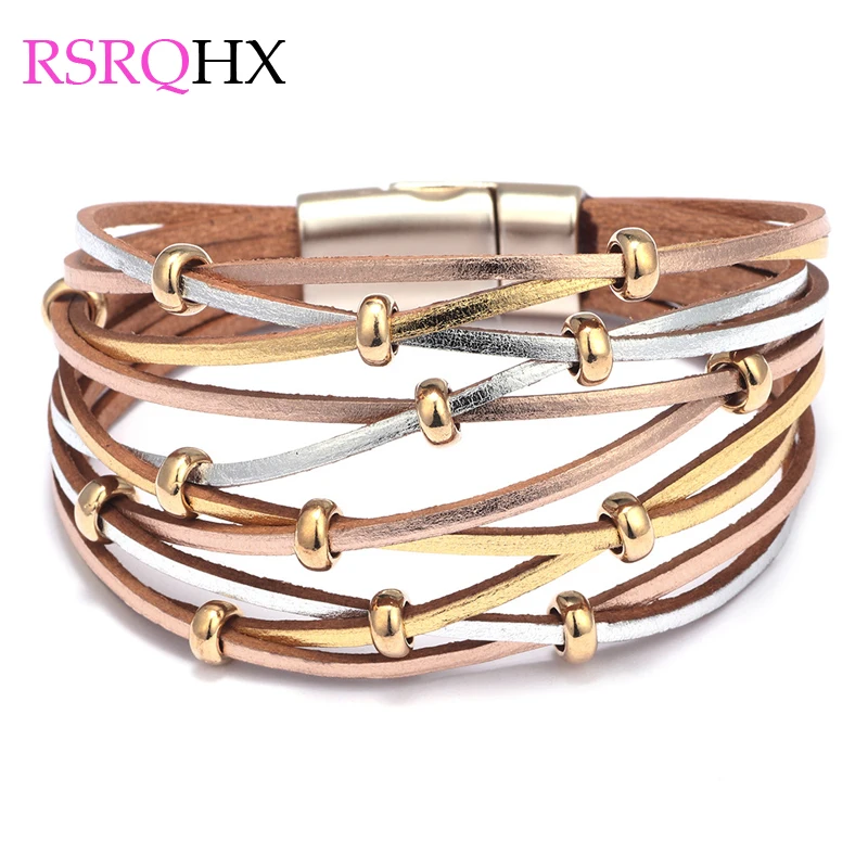 Многослойные кожаные браслеты для женщин и мужчин винтажные золотистые с