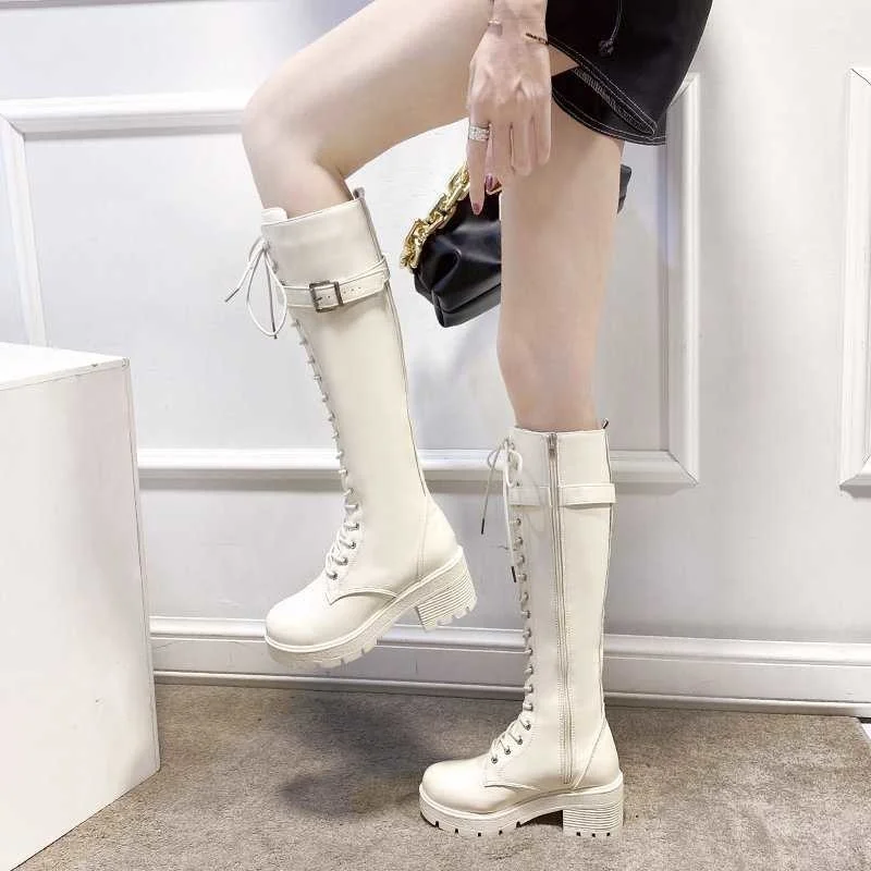 

Women's long boots autumn thin 2020 new net red fashion street Knight boots front lace thick heel Korean high boots